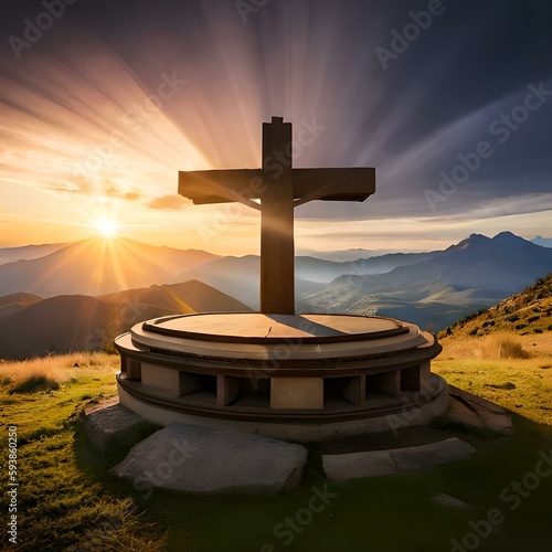 Empty tomb with shroud on stoneCross Catholic Christian at sunset mountain clouds and bright, Crucifixion Of Jesus Christ, powerful, impact resurrection, poster, Light Ray shining surrounding