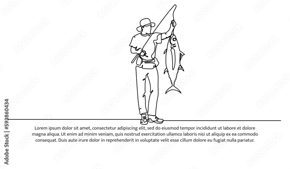 One line continuous of fishing. A happy young man managed to catch fish with his fishing rod. Minimalist style vector illustration in white background. One line continuous of fishing. A happy young man managed to catch fish with his fishing rod. Minimalist style vector illustration in white background.