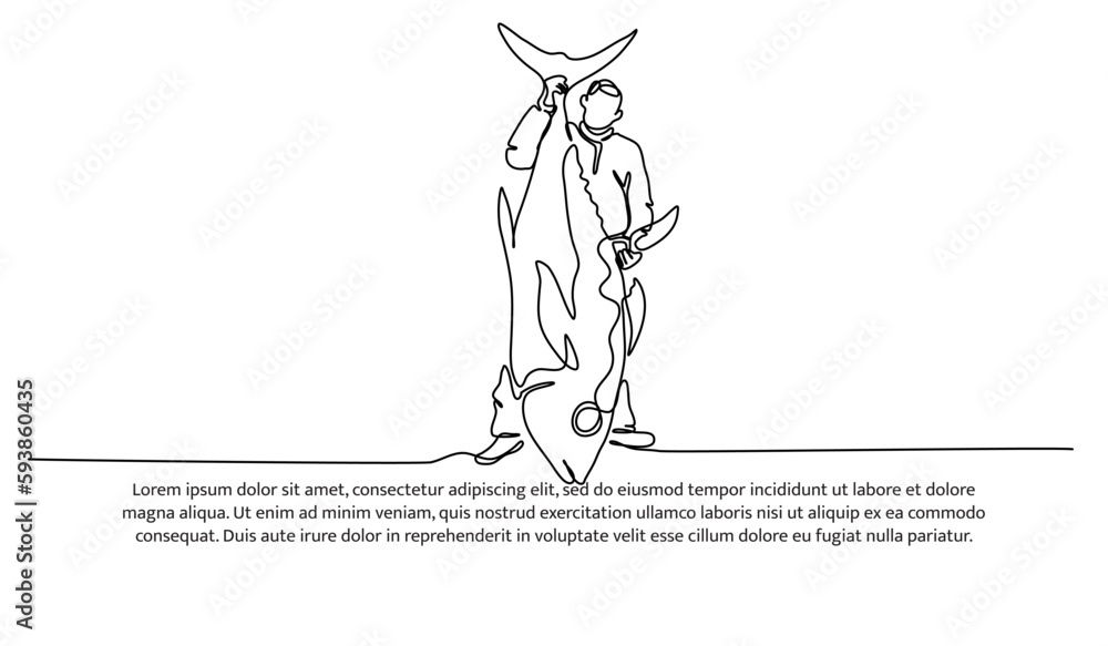 Fototapeta premium One continuous line of a young man holding up a large tuna fish. Minimalist style vector illustration on white background.