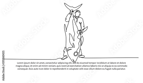 One continuous line of a young man holding up a large tuna fish. Minimalist style vector illustration on white background.