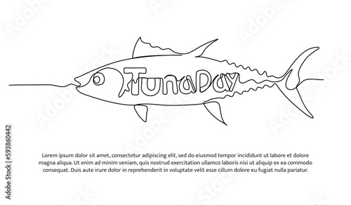 One continuous line of tuna day. Abstract lettering logo. Minimalist style vector illustration on white background.