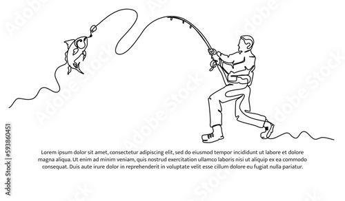 One line continuous of fishing. A man pulled the fishing rod with all his might. Minimalist style vector illustration in white background.