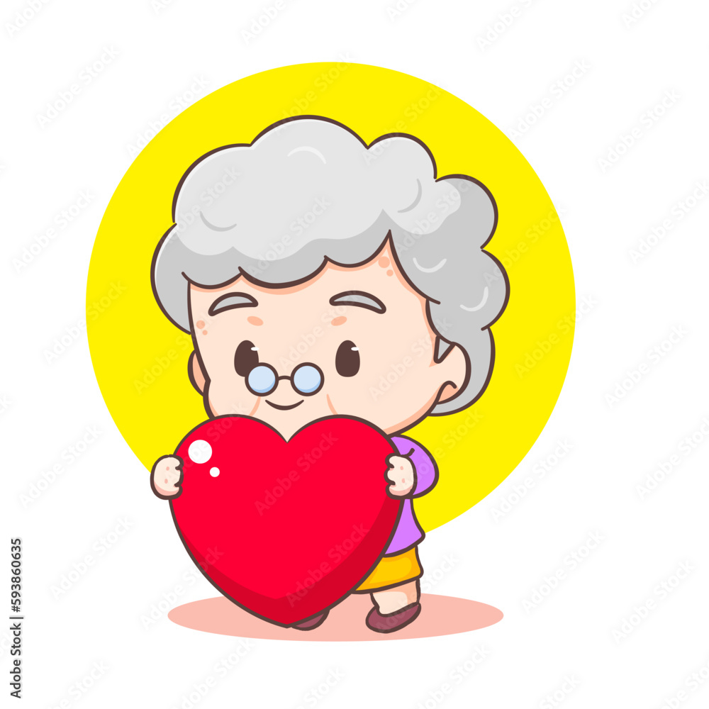 Cute Grandmother cartoon character Holding big Love. People Concept design. Flat adorable chibi vector illustration. Isolated white background Cute Grandmother cartoon character Holding big Love. People Concept design. Flat adorable chibi vector illustration. Isolated white background