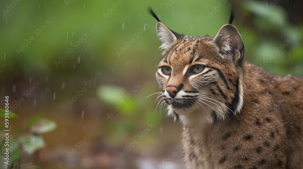 A bobcat sitting in the jungle with the rain falling A bobcat sitting in the jungle with the rain falling