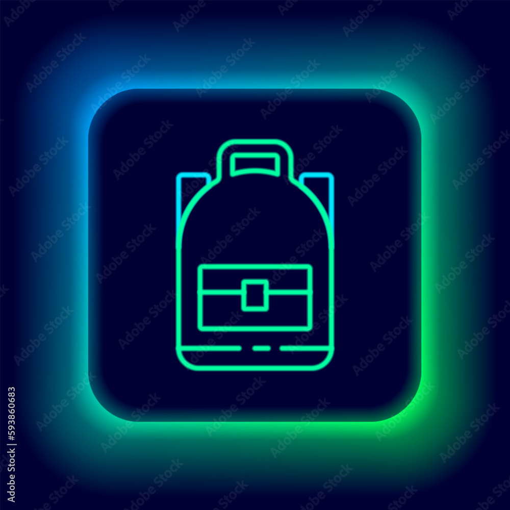 Glowing neon line Hiking backpack icon isolated on black background. Camping and mountain exploring backpack. Colorful outline concept. Vector Glowing neon line Hiking backpack icon isolated on black background. Camping and mountain exploring backpack. Colorful outline concept. Vector