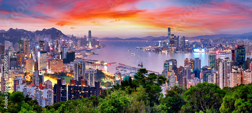 Hong Kong skyline at sunset from Braemar Hill Peak photo