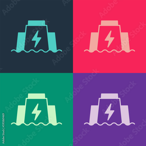 Pop art Hydroelectric dam icon isolated on color background. Water energy plant. Hydropower. Hydroelectricity. Vector