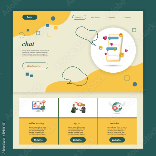 Chat flat landing page website template. Online meeting, agree, translate. Web banner with header, content and footer. Vector illustration.