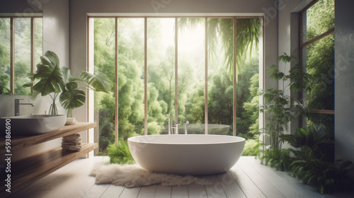 Modern bathroom with bathtub and big windows. AI generated © ArtStage