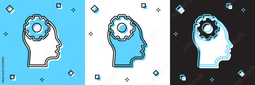 Set Human head with gear inside icon isolated on blue and white, black background. Artificial intelligence. Thinking brain. Symbol work of brain. Vector
