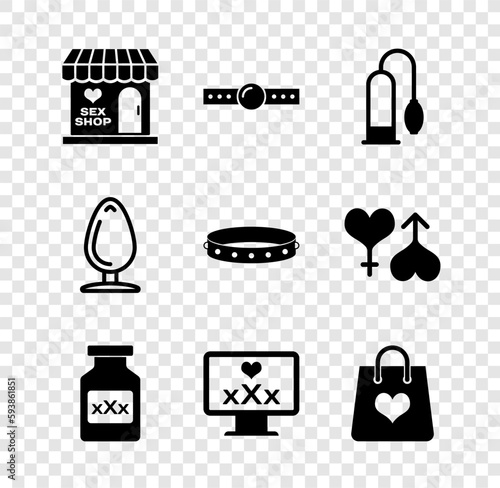 Set Sex shop building, Silicone ball gag, Penis pump, Bottle with pills for potency, Monitor 18 plus content, Shopping bag heart, Anal plug and Leather fetish collar icon. Vector