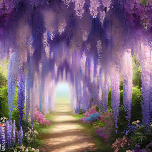 Blooming wisteria tunnel in a garden, hanging purple flowers, generative ai