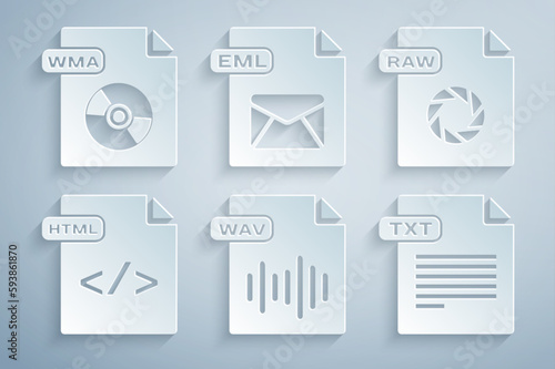 Set WAV file document, RAW, HTML, TXT, EML and WMA icon. Vector