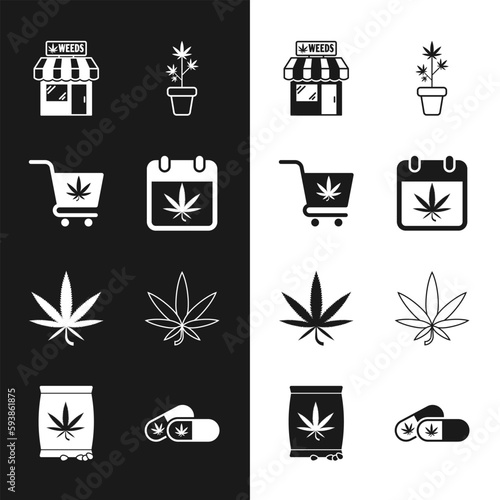 Set Calendar and marijuana, Shopping cart with, Marijuana cannabis store, plant pot, leaf, Medical pills and seeds icon. Vector
