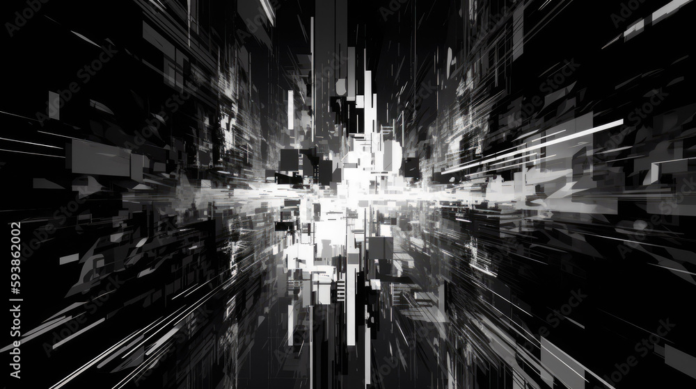 Abstract black and white glitched geometric composition art background with Generative AI Technology