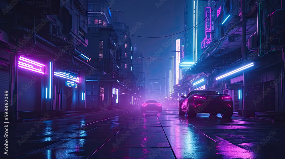 Beautiful neon evening in a cyberpunk city with Generative AI Technology