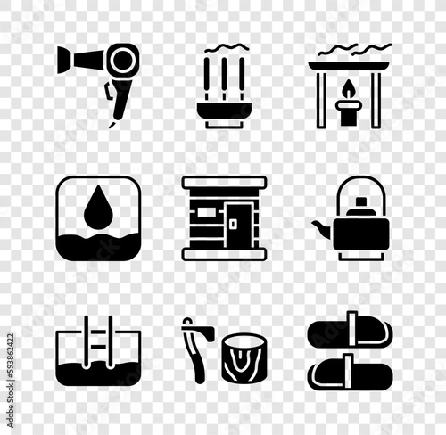 Set Hair dryer, Incense sticks, Aroma candle, Swimming pool with ladder, Wooden axe stump, Sauna slippers, Water drop and wooden bathhouse icon. Vector