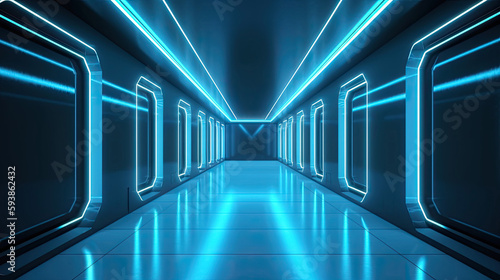 metal corridor with light blue neon in 3d futuristic style with Generative AI Technology
