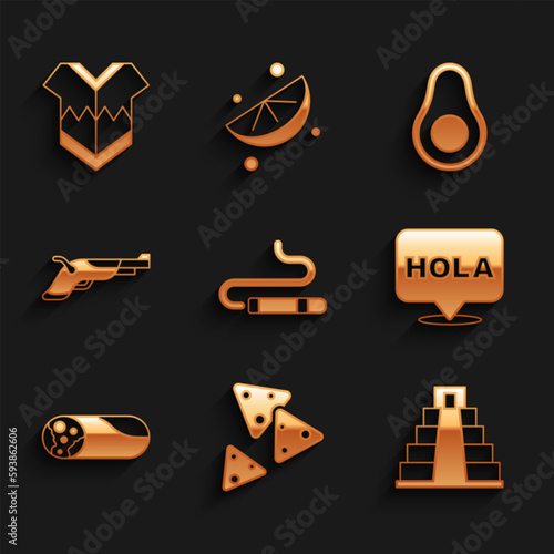 Set Cigar, Nachos, Chichen Itza in Mayan, Hola, Burrito, Vintage pistols, Avocado fruit and Poncho icon. Vector