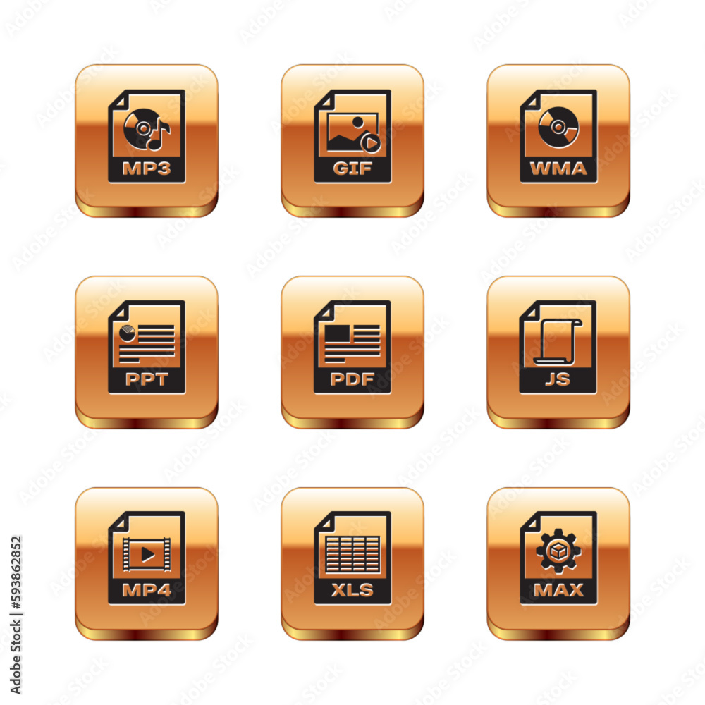 Set MP3 file document, MP4, XLS, PDF, PPT and WMA icon. Vector Set MP3 file document, MP4, XLS, PDF, PPT and WMA icon. Vector