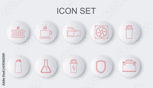 Set line Car battery, Sport bottle with water, Cinema camera, Shield, Heating radiator, Coffee cup, Test tube and flask and Fitness shaker icon. Vector