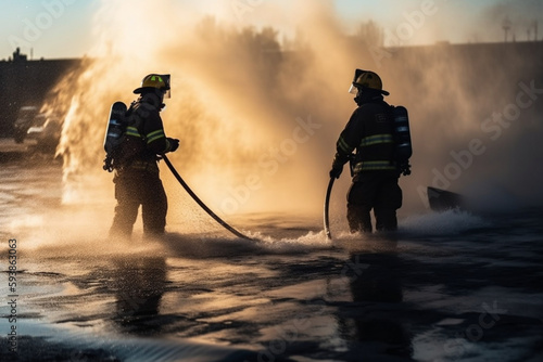 unrecognizable firefighters spraying high pressure water to fire with copy space Generative AI