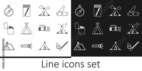 Set line Burning match with fire, Tourist tent flag, Lighter, Compass, Flashlight and Open matchbox and matches icon. Vector