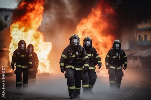 unrecognizable Firefighters training, Team practice to fighting with fire in emergency situation Generative AI