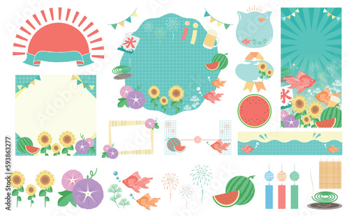 ポップでかわいいおしゃれな夏イメージのイラストとサマーフレームコレクションセット_青緑_文字なし