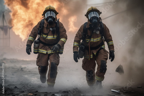 unrecognizable Two firefighters run through the fire under respiratory protection and heavy equipment to save people Generative AI