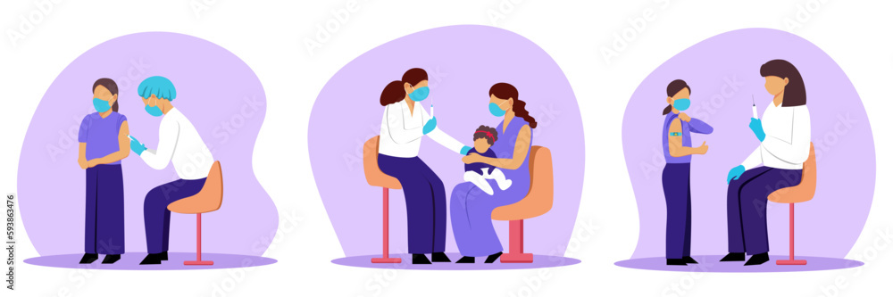 Set of cartoon characters of doctors giving vaccine shots to kids. Getting vaccines against diseases. Boosting immune system health for children. Vector Set of cartoon characters of doctors giving vaccine shots to kids. Getting vaccines against diseases. Boosting immune system health for children. Vector