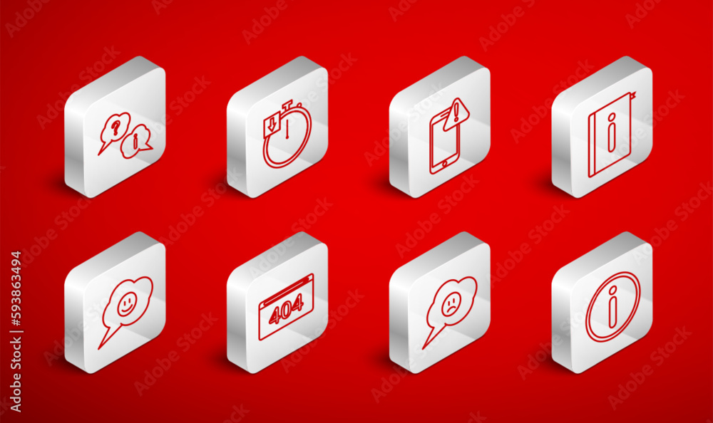 Set line Information, Stopwatch, Mobile with exclamation mark, User manual, Speech bubble sad smile, Question and Exclamation, Page 404 error and face icon. Vector Set line Information, Stopwatch, Mobile with exclamation mark, User manual, Speech bubble sad smile, Question and Exclamation, Page 404 error and face icon. Vector