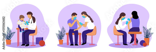 Set of different cartoon characters of doctors making vaccines. Human clinical trials vaccination shot. Protection from pandemic outbreak. Giving vaccination for kid. Vector