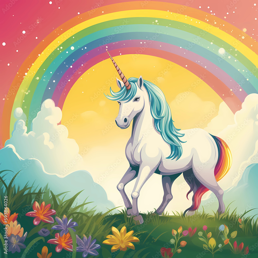 Unicorn on Meadow with Rainbow in the Background Unicorn on Meadow with Rainbow in the Background