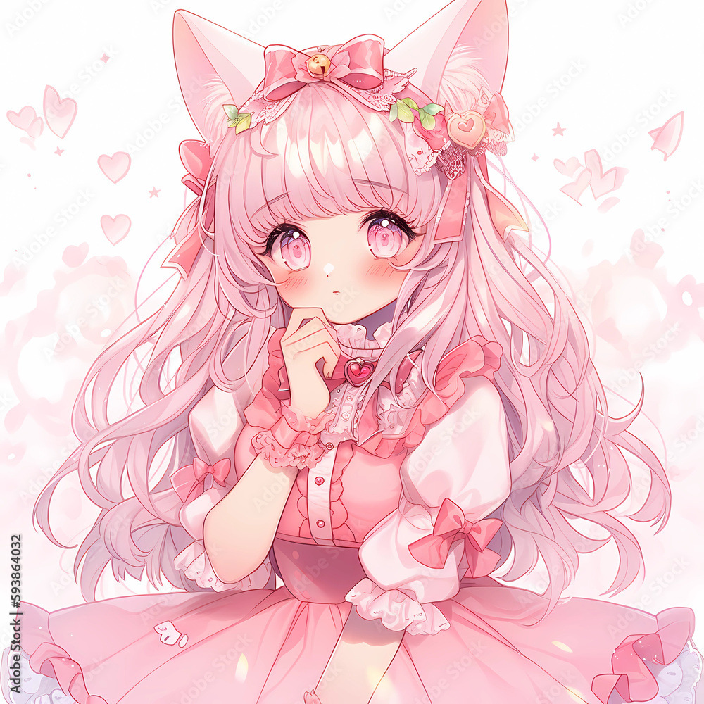Shy Anime Girl in Pink with Cat Ears
