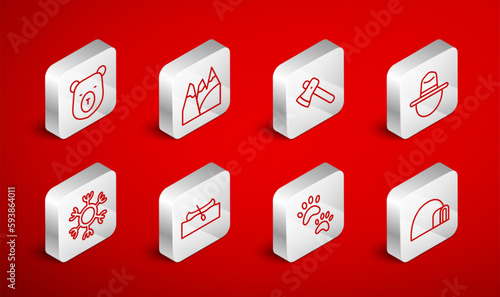 Set line Igloo ice house, Mountains, Wooden axe, Canadian ranger hat, Paw print, Bear head, Kayak or canoe and Snowflake icon. Vector