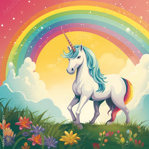 Unicorn on Meadow with Rainbow in the Background