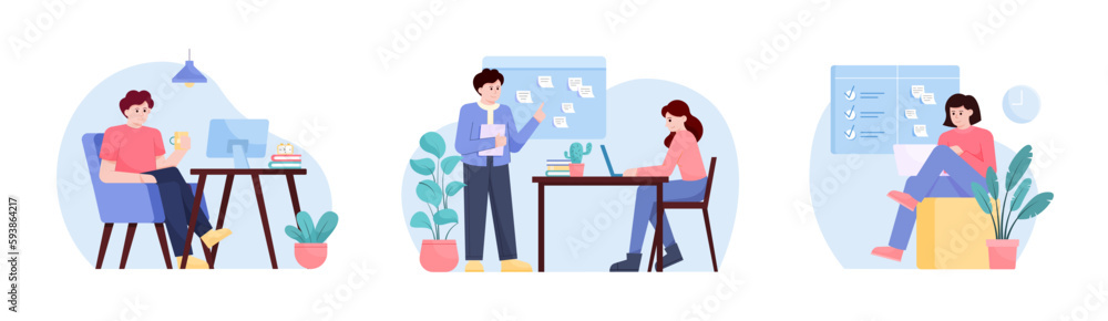 Set of cartoon characters of young people with laptops working. Employees in office. Shared working environment. Concept of brainstorming ideas. Vector Set of cartoon characters of young people with laptops working. Employees in office. Shared working environment. Concept of brainstorming ideas. Vector