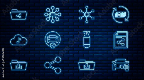 Set line Car sharing, Share file, Network, Music streaming service, folder, Aviation bomb and icon. Vector