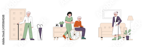 Set of colored cartoon characters of different senior people. Old people having health problems. Helping with household chores. Taking care of seniors. Vector