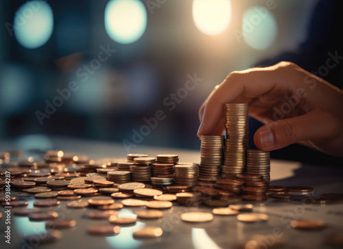 Investment concept, Coins on table with light bokeh background. High quality photo