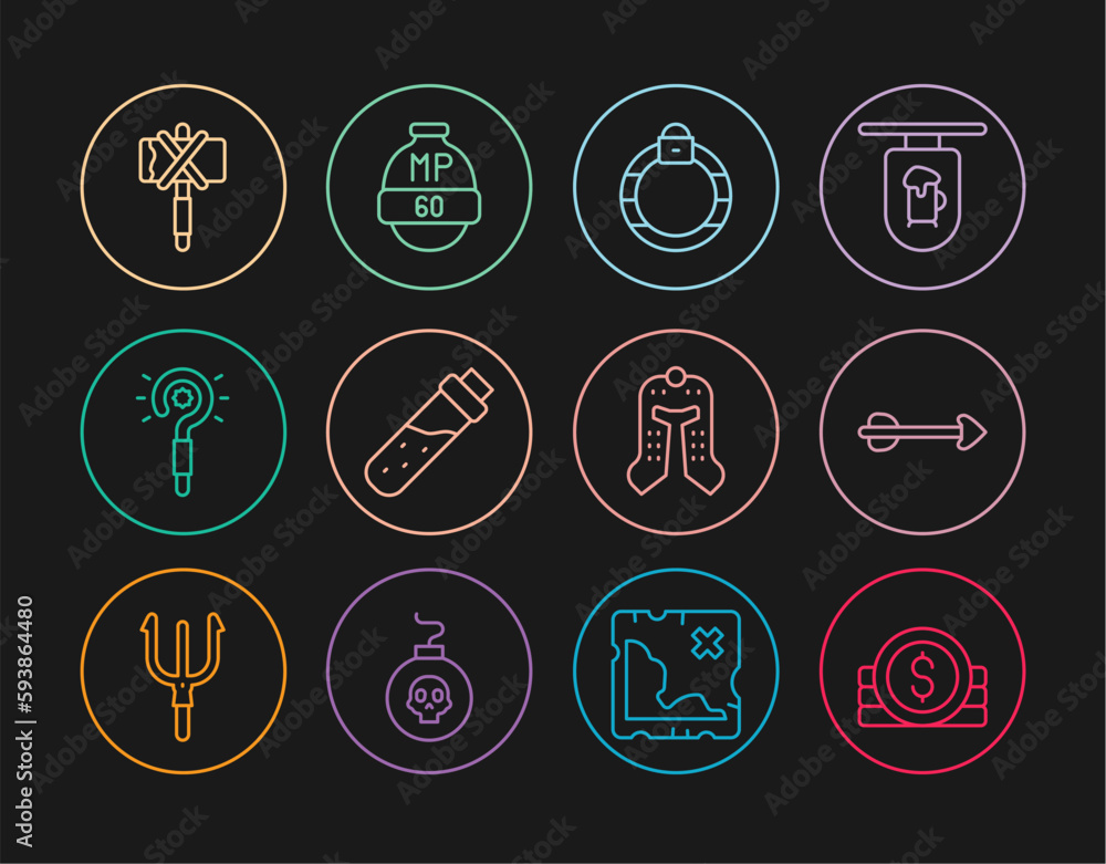Set line Ancient coin, Arrow, Magic stone ring, Bottle with potion, wand, Medieval axe, helmet and Video game bar icon. Vector Set line Ancient coin, Arrow, Magic stone ring, Bottle with potion, wand, Medieval axe, helmet and Video game bar icon. Vector