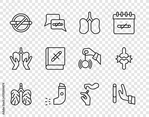Set line Disease lungs, Giving up cigarette, Lungs, Inhaler, No smoking, Book with stop, Hand and Joint pain, knee pain icon. Vector