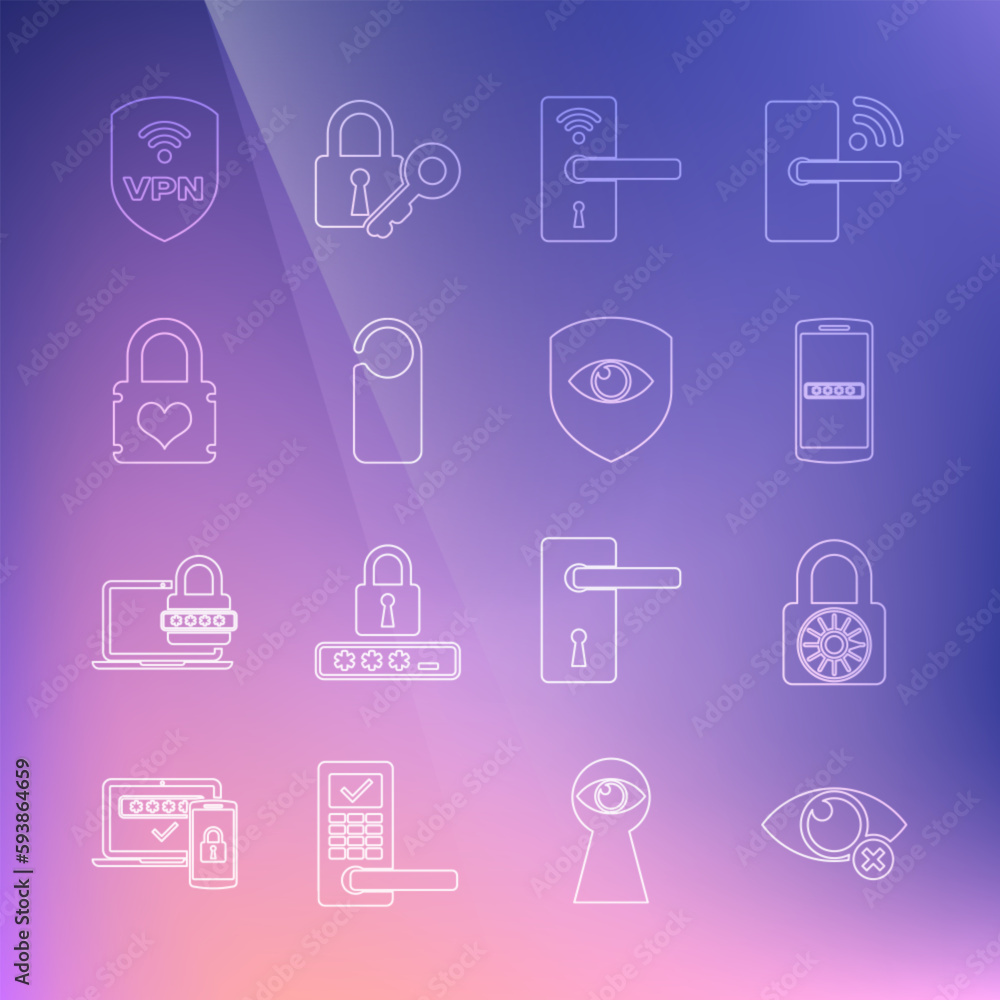 Set line Invisible or hide, Safe combination lock wheel, Mobile and password, Digital door with wireless, Please not disturb, Padlock heart, Shield VPN and eye icon. Vector Set line Invisible or hide, Safe combination lock wheel, Mobile and password, Digital door with wireless, Please not disturb, Padlock heart, Shield VPN and eye icon. Vector