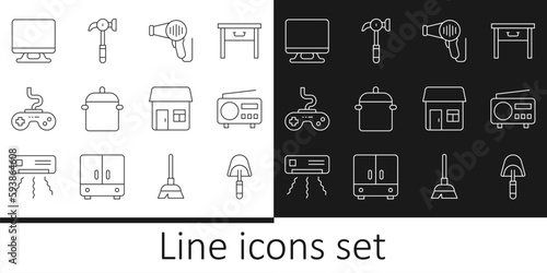Set line Spatula, Radio, Hair dryer, Cooking pot, Gamepad, Smart Tv, House and Hammer icon. Vector