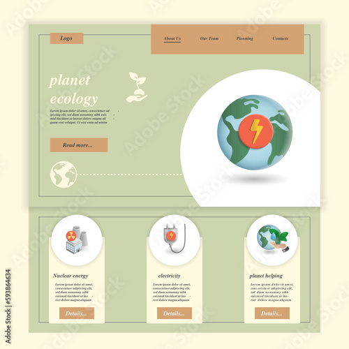 Planet ecology flat landing page website template. Nuclear energy, eletricity, planet helping. Web banner with header, content and footer. Vector illustration.