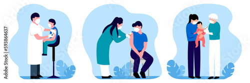 Set of colored cartoon characters of doctors and patients engaged in vaccination. Time to get vaccinated against diseases. Protection from pandemic outbreak. Immunization schedule for kids. Vector
