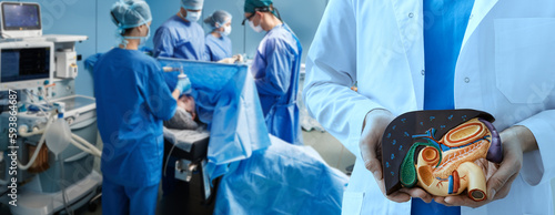 Liver resection, gallbladder and pancreas surgery. Hospital operating theater with surgery team while surgical operation of human internal organs, liver, gallbladder, pancreas