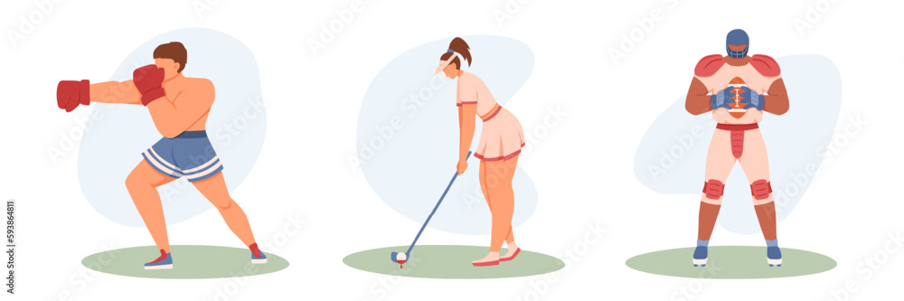 Set of cartoon characters of young people doing different kinds of sports. Time for morning workout. Active and healthy lifestyle. Engaged in boxing, golf and rugby. Vector Set of cartoon characters of young people doing different kinds of sports. Time for morning workout. Active and healthy lifestyle. Engaged in boxing, golf and rugby. Vector