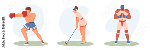 Set of cartoon characters of young people doing different kinds of sports. Time for morning workout. Active and healthy lifestyle. Engaged in boxing, golf and rugby. Vector